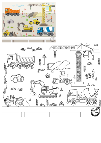 Construction scene depicted in childrens wallpaper. Features trucks, cranes, and construction equipment at a busy construction site.