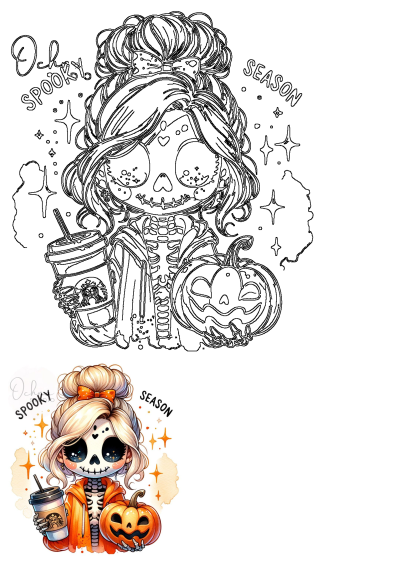 Drawing of a skeleton girl holding a cup of coffee and wearing a pumpkin costume. Cute spooky season illustration for Halloween.