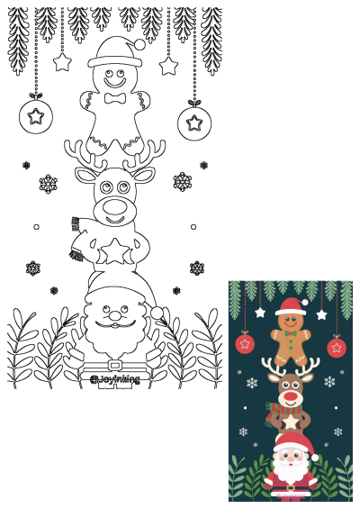 Outline drawing of a fun Christmas character stack with a gingerbread man, reindeer, and Santa Claus, surrounded by festive decorations.