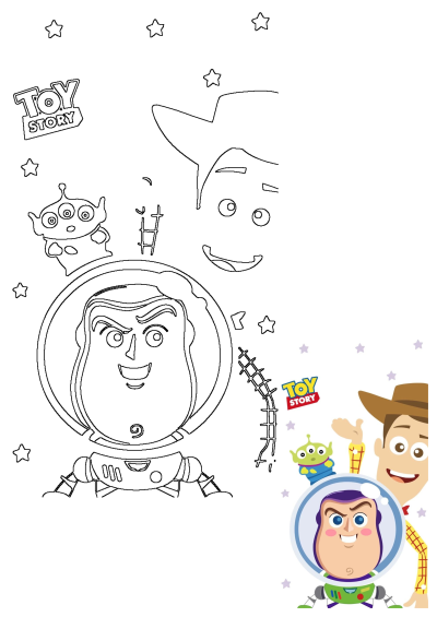 Cartoon image of Toy Story characters, including Buzz Lightyear holding himself up in front, Woody behind him, and an alien.