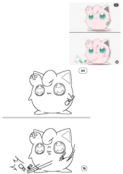 Two images of a pink Jigglypuff Pokémon with green eyes, one holding and another throwing an electric toothbrush. Cartoon character art.