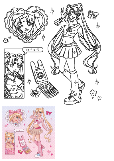 Sailor Moon by Vanessatrif in a delightful pink aesthetic. Features various poses and expressions with a cute flip phone. A charming fan art!