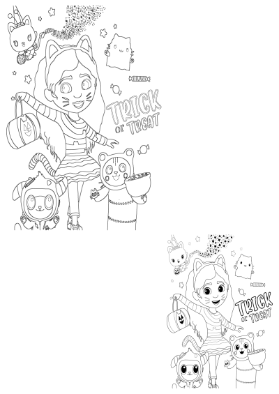 A Gabby's Dollhouse Halloween coloring page featuring Gabby dressed as a cat with Pandy Paws and other characters saying trick or treat!
