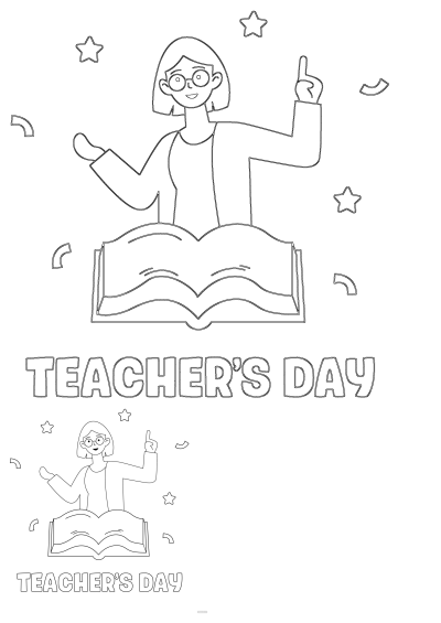 Teacher's Day coloring page featuring a woman with glasses standing behind an open book, surrounded by stars and celebration elements.