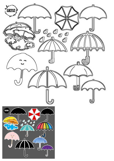 Image featuring nine umbrellas in various colors including black, red, yellow, pink, blue, green and purple. The colorful umbrella collection has cute faces.