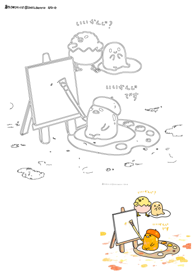 An egg is sitting on the ground next to a painting easel and chicken eggs with other eggs looking on, cartoon sanrio image.