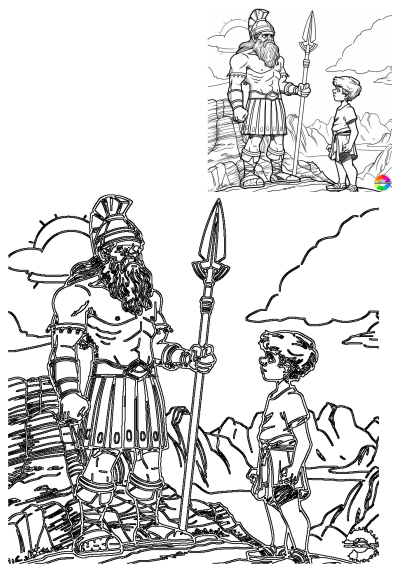 David and Goliath coloring page. Download full-size Bible scene coloring pages for kids at ausmalbilderkinder.de #David_und_Goliath