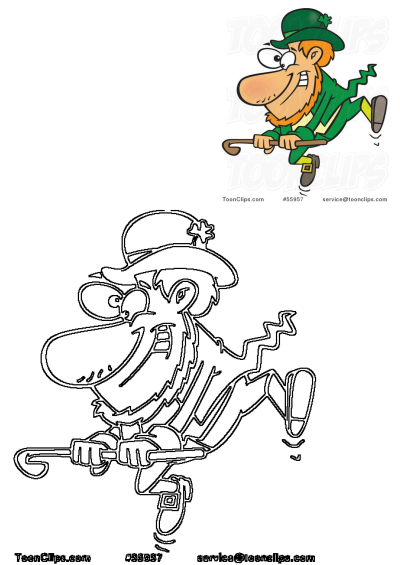 A cartoon leprechaun flying through the air, smiling and holding a cane. A fun image for St. Patrick's Day designs.