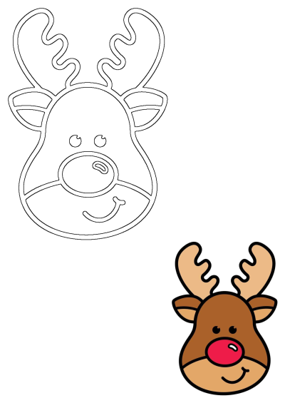 Cute Rudolph the Red-Nosed Reindeer head in two styles: an outline drawing for crafts and a full-color cartoon illustration.