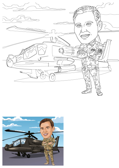 A caricature of a man in military uniform stands proudly next to a helicopter on the tarmac. Vector cartoon illustration, US Army aviation.