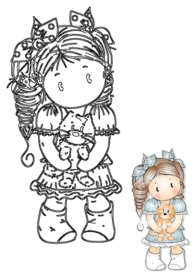 Digital Digi Stamp of Chloe with Kitten for Girls Birthday or Mother's Day. Cute girl hugging a ginger kitten with bows in her hair.