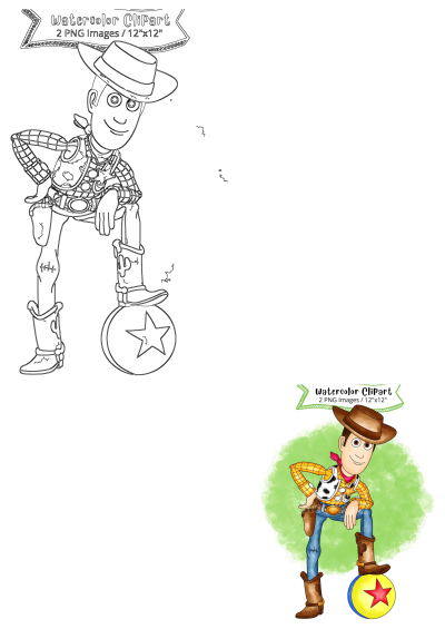 Watercolor drawing of Woody, a cowboy character, with a cowgirl on his vest. He holds a ball, wears a cowboy hat and cowboy boots.