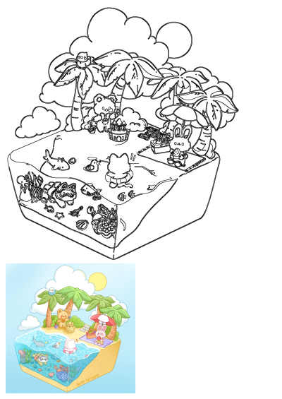 Cartoon illustration of an island with animals enjoying summer: bear making sandcastles, bunny having a picnic, and animals swimming in the sea.
