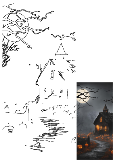 a painting of a house with pumpkins in the yard