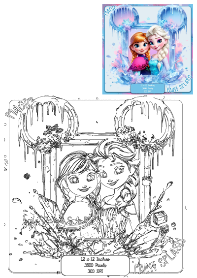 Two frozen princesses, Anna and Elsa, hugging in an icy Mickey Mouse frame with a vibrant paint splash design. Magic of Arendelle!