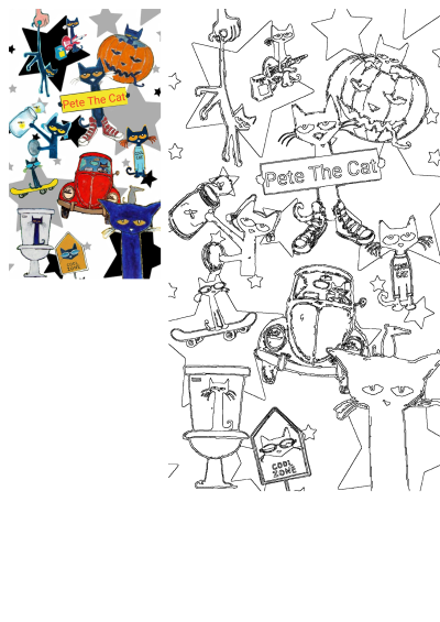 A vibrant collage featuring Pete the Cat with pumpkins and other fun elements like a guitar, car, skateboard, and more. An image of cats and pumpkins with the words pete the cat written on them.