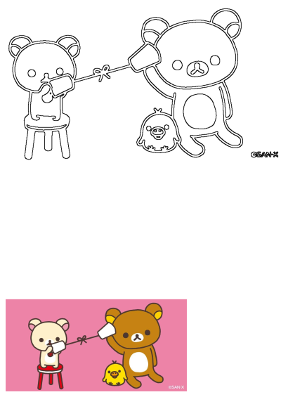 A cute image features Rilakkuma the brown bear and Korilakkuma using a paper cup phone, with Kiiroitori the yellow chicken present on a pink background.