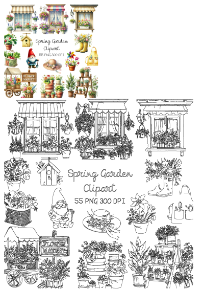 Spring garden clipart for commercial use featuring colorful flowers, plants, potted houseplants, garden gnome, and market stand. Whimsical designs.