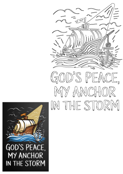 Wooden ship on rough seas with an anchor, symbolizing God's peace as a steadfast anchor in the storm. Illustration with the text "God's Peace, My Anchor in the Storm".
