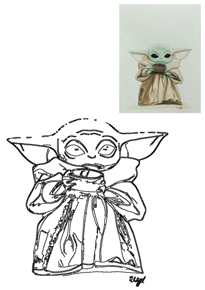Adorable drawing of baby Yoda holding a cup, as described in the alt text. A cute depiction of the Star Wars character Grogu with a cup.