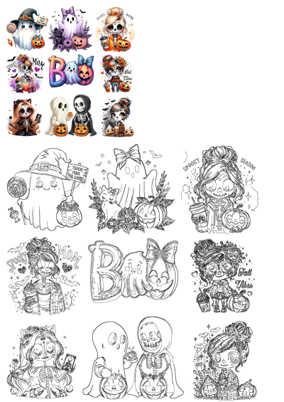 A collection of Halloween stickers in different styles, featuring ghosts, skeletons, pumpkins, and cute characters perfect for spooky season.