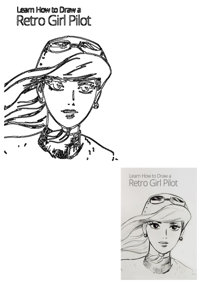 Drawing of a girl with long hair and glasses on her head, wearing a retro pilot hat. Learn to draw this vintage aviator look.