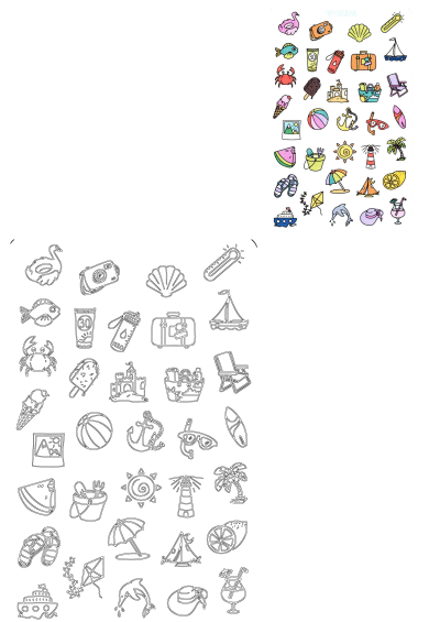 Various hand-drawn summer vacation items on paper. This image features colorful icons like a flamingo floatie, beach ball, and a sailboat for a sunny getaway.