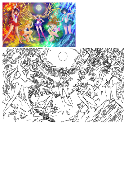 Anime fan art featuring Sailor Moon and the Sailor Scouts surrounded by elemental power. Full moon backdrop and bright colors