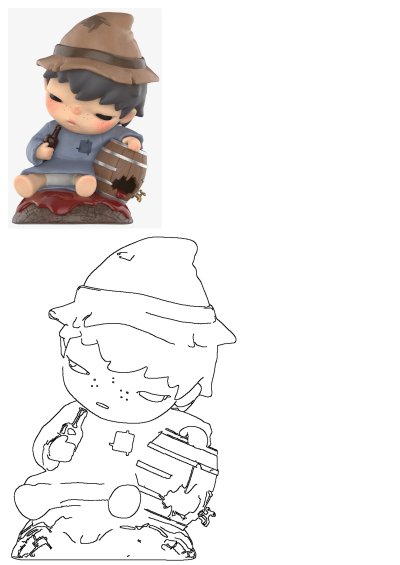 Figurine of a boy with a wooden barrel. The boy is wearing a hat and holding a bottle next to a damaged wooden barrel, all sitting on a brick base.