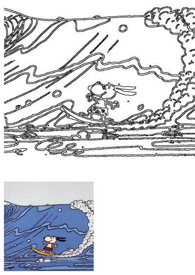 Snoopy enjoys the waves in this cartoon image, surfing a wave on his yellow board. Peanuts character enjoying a fun beach day.