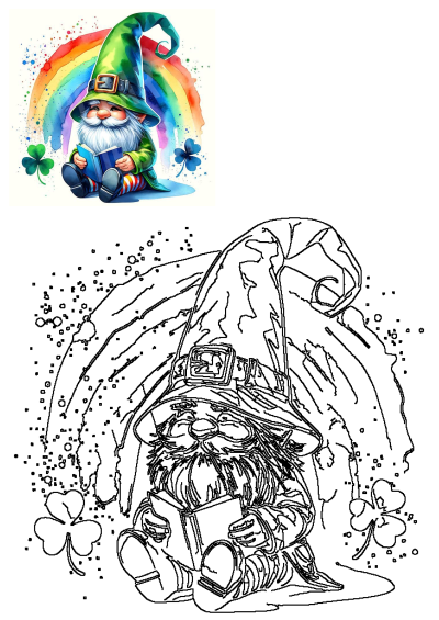 Watercolor painting of a gnome reading a book under a rainbow, adorned with shamrocks, perfect for St. Patrick's Day. 