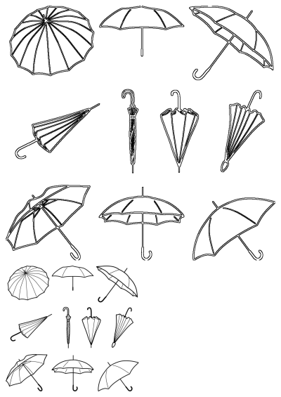 An image of different umbrellas drawn in black and white, showcasing various styles and positions. Ideal for weather-related articles or creative designs.