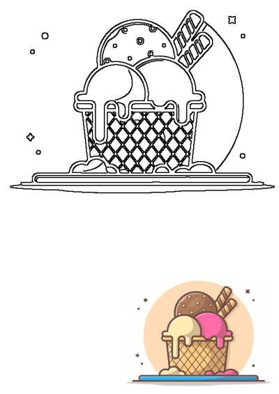 Cartoon-style image of ice cream and cookies in a basket. It showcases a delicious combination of flavors in a waffle cone for a sweet treat.
