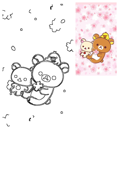 Cute image of Rilakkuma and Korilakkuma, two brown teddy bears, with a small yellow duck. The background is filled with pink cherry blossoms.