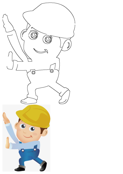 A cartoon boy in overalls and a yellow hard hat with his hand raised to the side, likely depicting a construction worker or builder.
