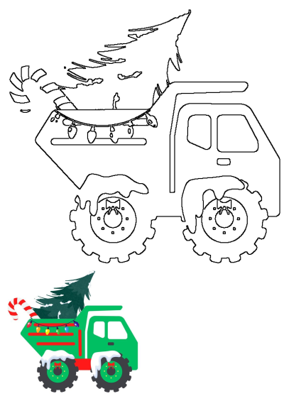 Green dump truck with a Christmas tree on the back, candy canes sticking out, and festive lights - a holiday hauler!