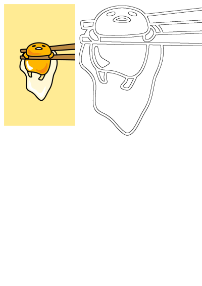 Cartoon of the character Gudetama being held with chopsticks, with the egg yolk on full display, a lazy egg illustration.