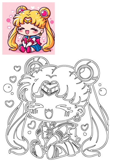 Adorable chibi Sailor Moon fanart featuring the iconic anime girl with a big smile, surrounded by hearts and bubble elements.