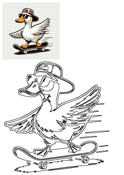 A cartoon duck wearing sunglasses and a hat riding a skateboard with its wings spread, adding a cool vibe to the scene.