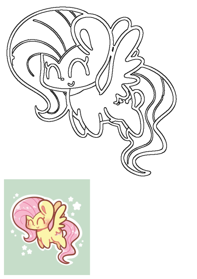A cute illustration of a little yellow pony with pink hair, Fluttershy, is flying through the air with her eyes closed, surrounded by stars.