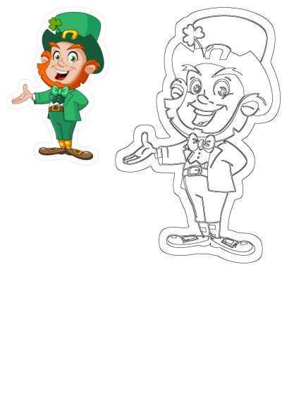 Cartoon St. Patrick's Day leprechaun with green hat, suit, and shamrock pointing to the side. Lucky Irish character for holiday celebration.