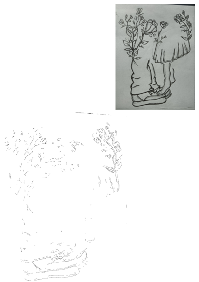 A delicate pencil sketch of two hands holding each other, adorned with blossoming flowers entwined around their arms and legs. A romantic and tender illustration.