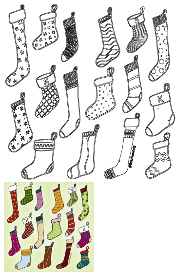 A collection of Christmas stockings with various festive patterns. Includes both outlines and colorful designs featuring stars, dots, and stripes.