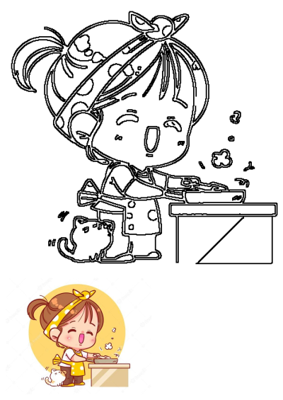 Adorable cartoon of a kawaii girl cooking with yellow apron and headscarf, cute white cat on the floor. 