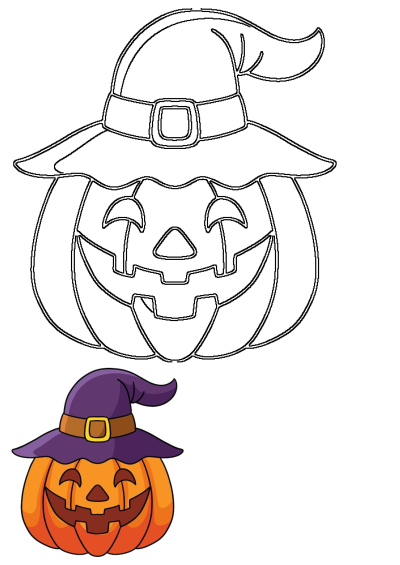 A cartoon Halloween pumpkin wearing a purple witch hat with a buckle on the brown strap. A smiling and carved pumpkin face.