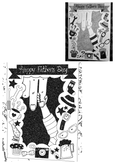 Happy Father's Day doodle art showing a father's hand holding a child's hand. Whimsical drawing with stars, tools, and gifts for dad.