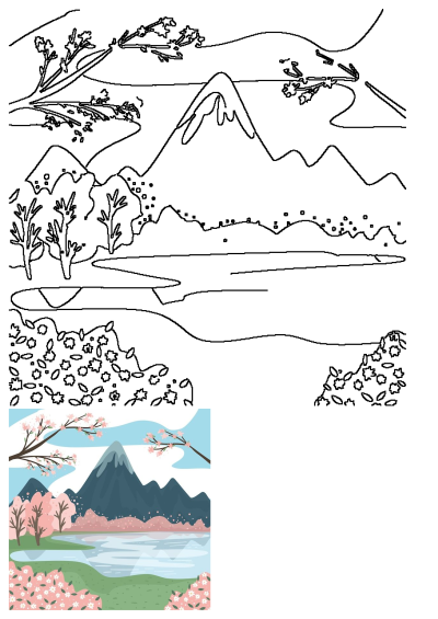 A beautiful landscape with majestic mountains, delicate cherry blossoms in the foreground, and a serene river running through the picturesque scene.