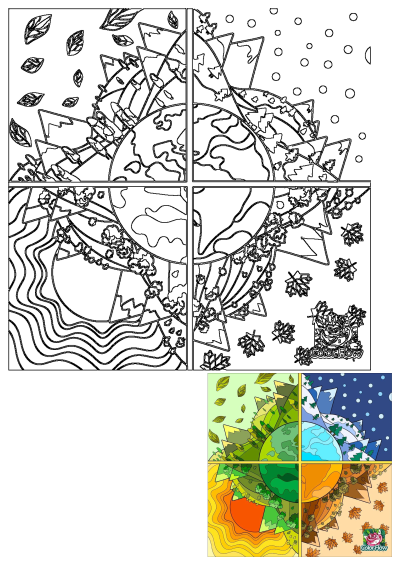 Four panels depicting Earth's seasons with leaves and a consistent color scheme. Each panel features mountains and a portion of the Earth.