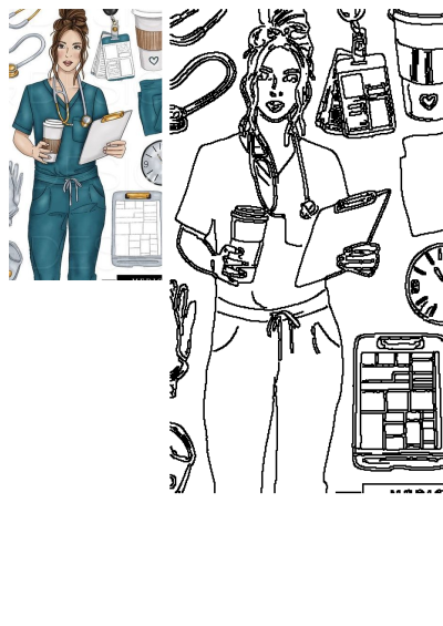 Woman in scrubs holding a clipboard next to various medical supplies. Depicts a nurse with coffee and medical equipment.