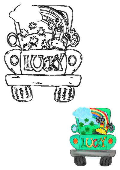 Drawing of a green bus decorated for St. Patrick's Day with a rainbow, clovers, a pot of gold, and the word 'Lucky' written on it.